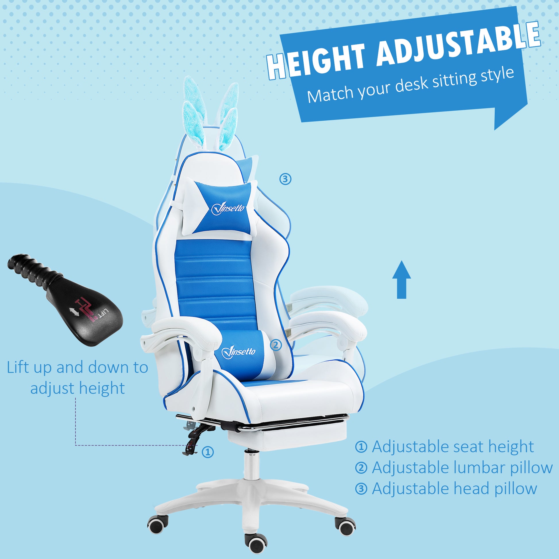 Vinsetto Racing Computer Gaming Chair, Reclining PU Leather Chair with Removable Rabbit Ears, Footrest and Lumber Support in Blue-3
