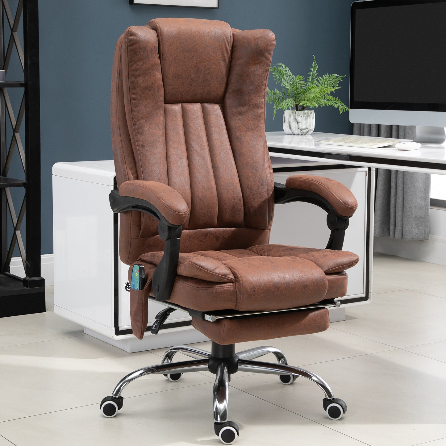 High Back Vibration Massage Office Chair, Executive Office Chair, Heated Reclining Leathaire Fabric Chair w/ Footrest, Brown | Vinsetto-8
