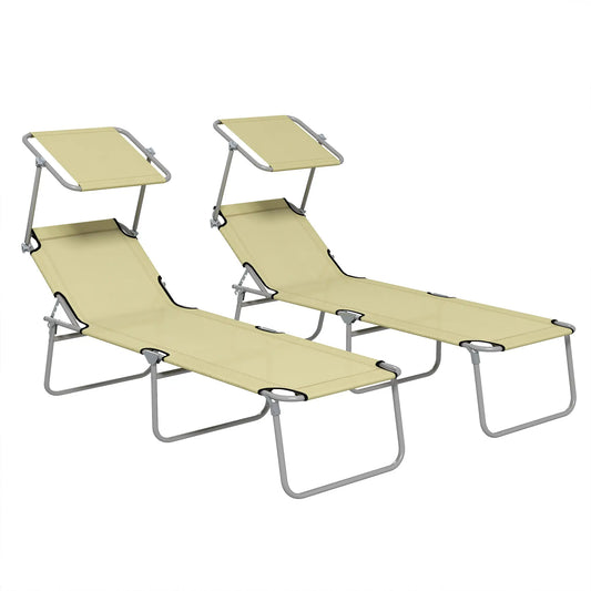 Outsunny Outdoor Foldable Sun Lounger Set of 2, 4 Level Adjustable Backrest, Reclining Chair with Angle Adjust Sun Shade Awning, Beige-0