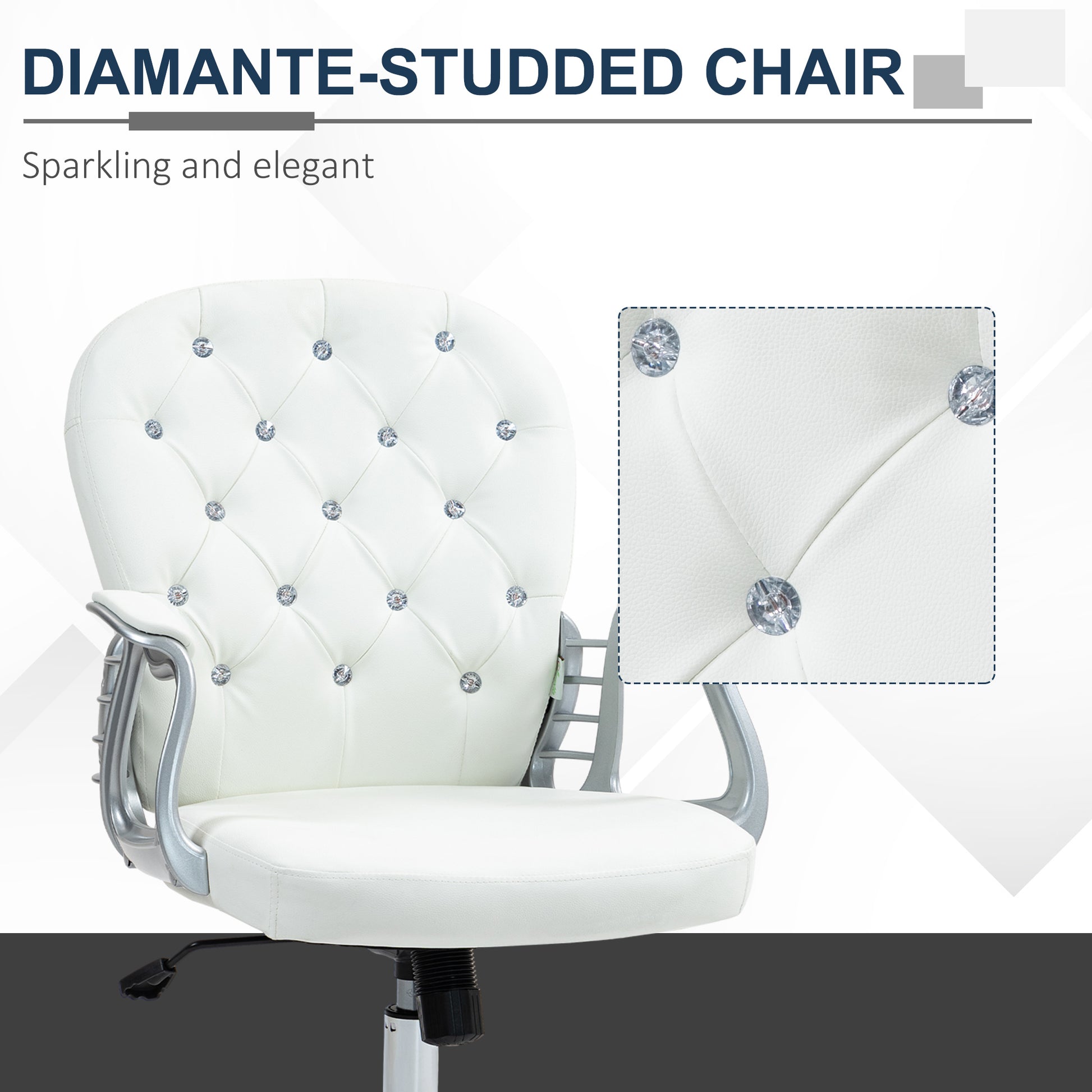 Home or Office Chair with 360° Swivel, PU Diamante Padded, Base 5 Castor Wheels, Ergonomic Desk Chair in White by Vinsetto-5