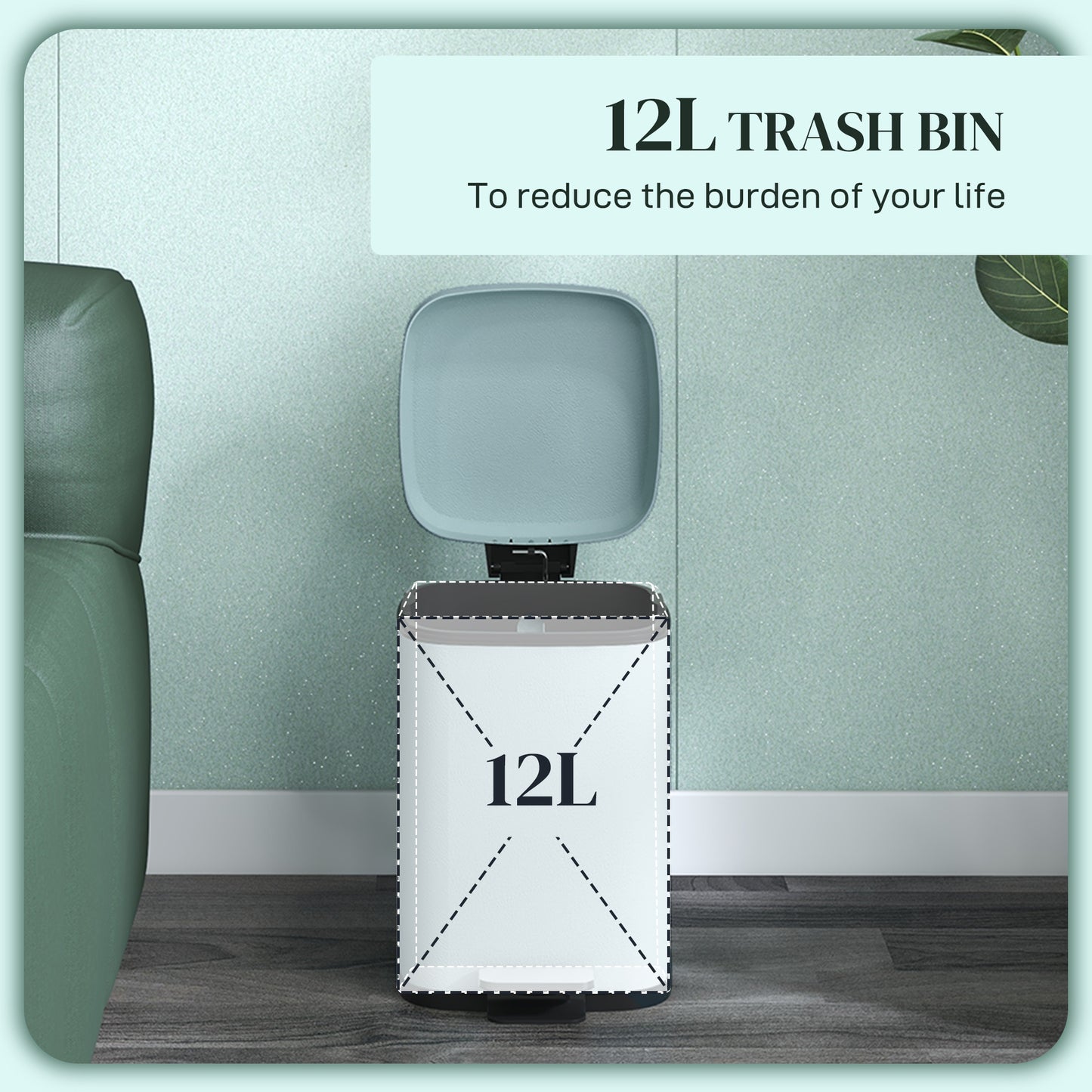 12 Litre Pedal Bin, Fingerprint Proof Kitchen Bin, Metal Rubbish Bin w/ Soft-close Lid, Foot Pedal & Removable Inner Bucket | HOMCOM-2