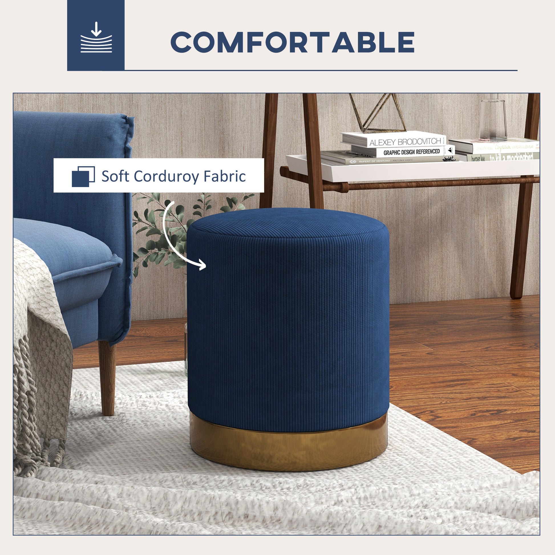 HOMCOM Soft Padded Corduroy Footstool in Dark Blue-2