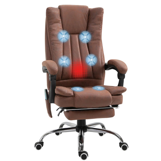 High Back Vibration Massage Office Chair, Executive Office Chair, Heated Reclining Leathaire Fabric Chair w/ Footrest, Brown | Vinsetto-0