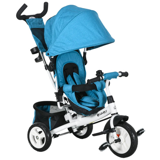 4 in 1 Kids Trike Push Bike w/ Push Handle, Canopy, 5-point Safety Belt, Storage, Footrest, Brake, for 1-5 Years, Blue | HOMCOM-0