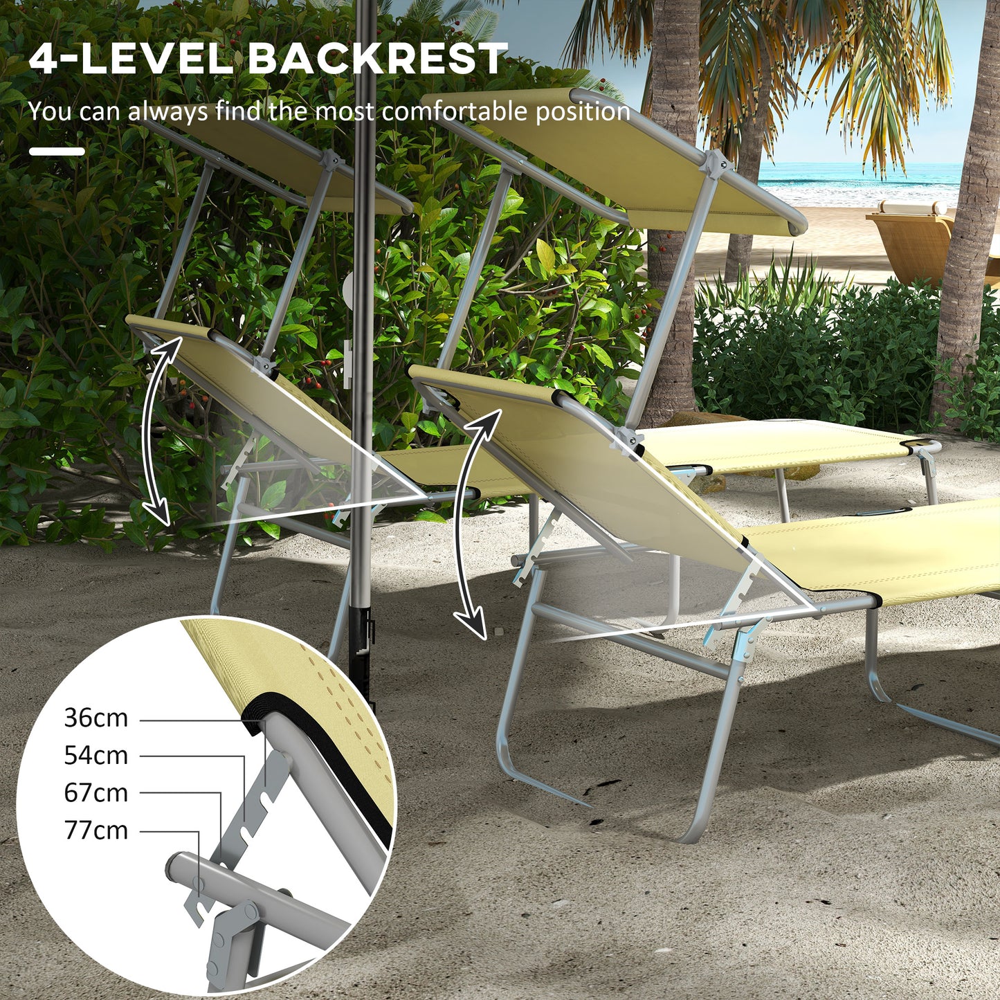Outsunny Outdoor Foldable Sun Lounger Set of 2, 4 Level Adjustable Backrest, Reclining Chair with Angle Adjust Sun Shade Awning, Beige-2