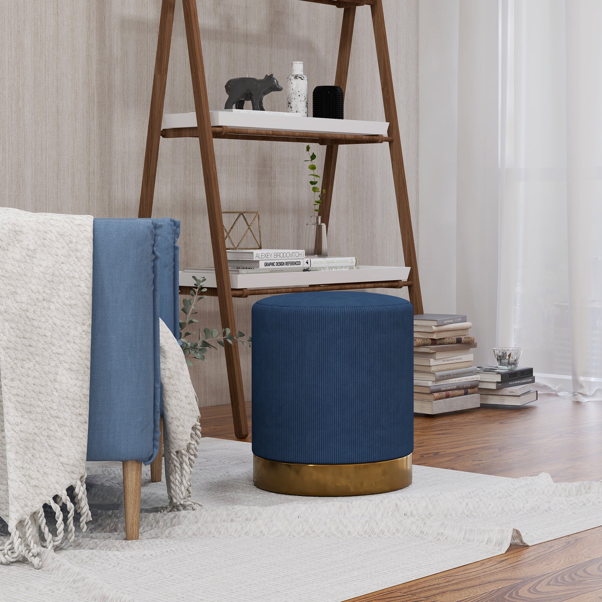 HOMCOM Soft Padded Corduroy Footstool in Dark Blue-7