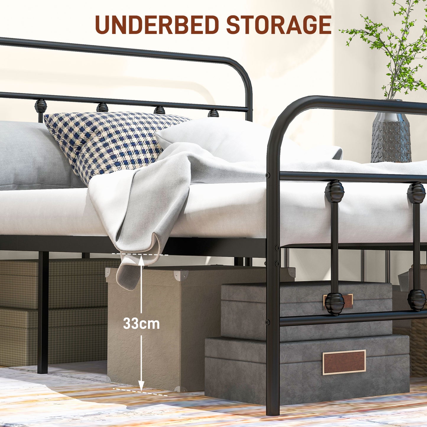HOMCOM 5ft King Platform Bed Frame with Underbed Storage Tall Headboard Steel Slat, No Box Spring Needed, Easy Assembly in Black-3