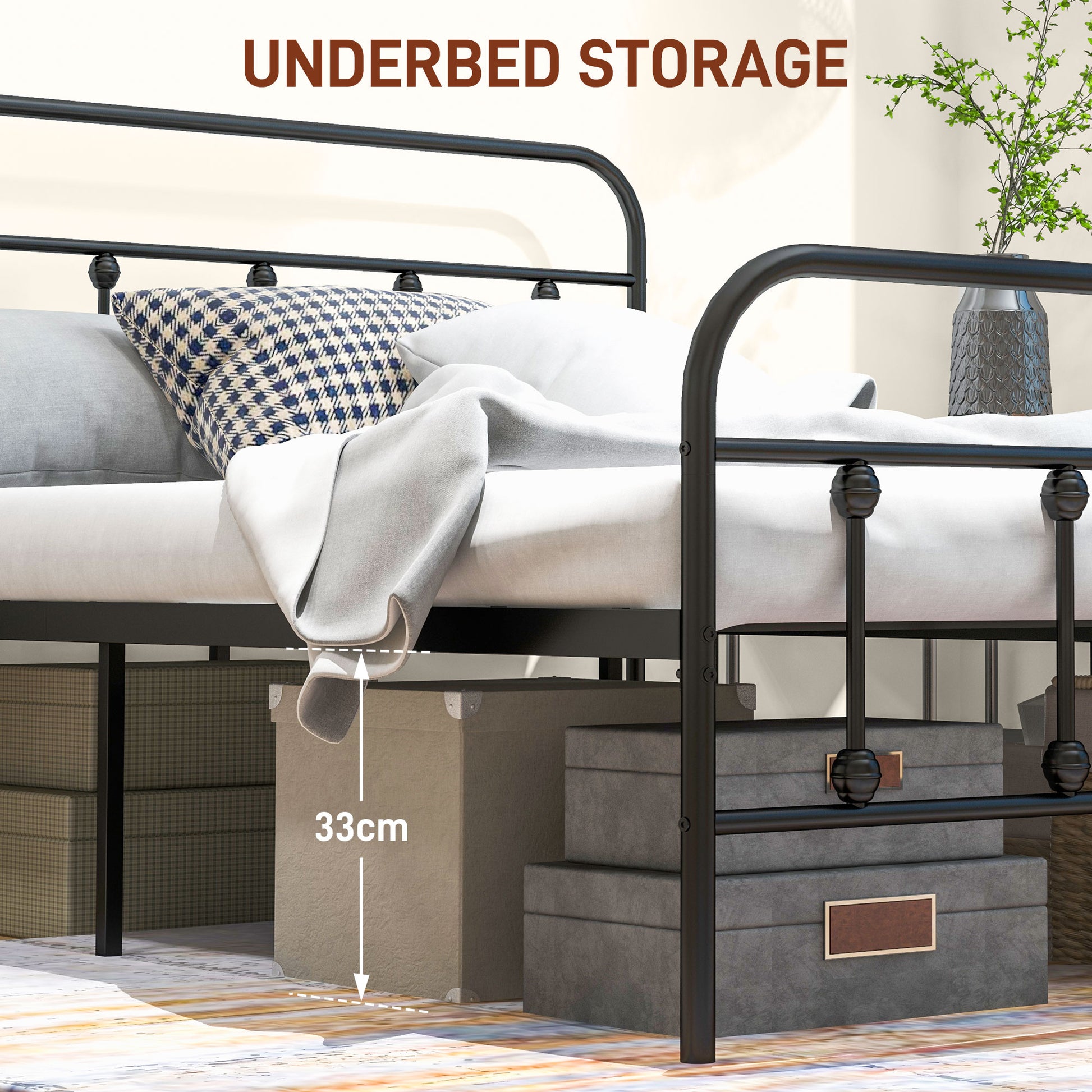 HOMCOM 5ft King Platform Bed Frame with Underbed Storage Tall Headboard Steel Slat, No Box Spring Needed, Easy Assembly in Black-3