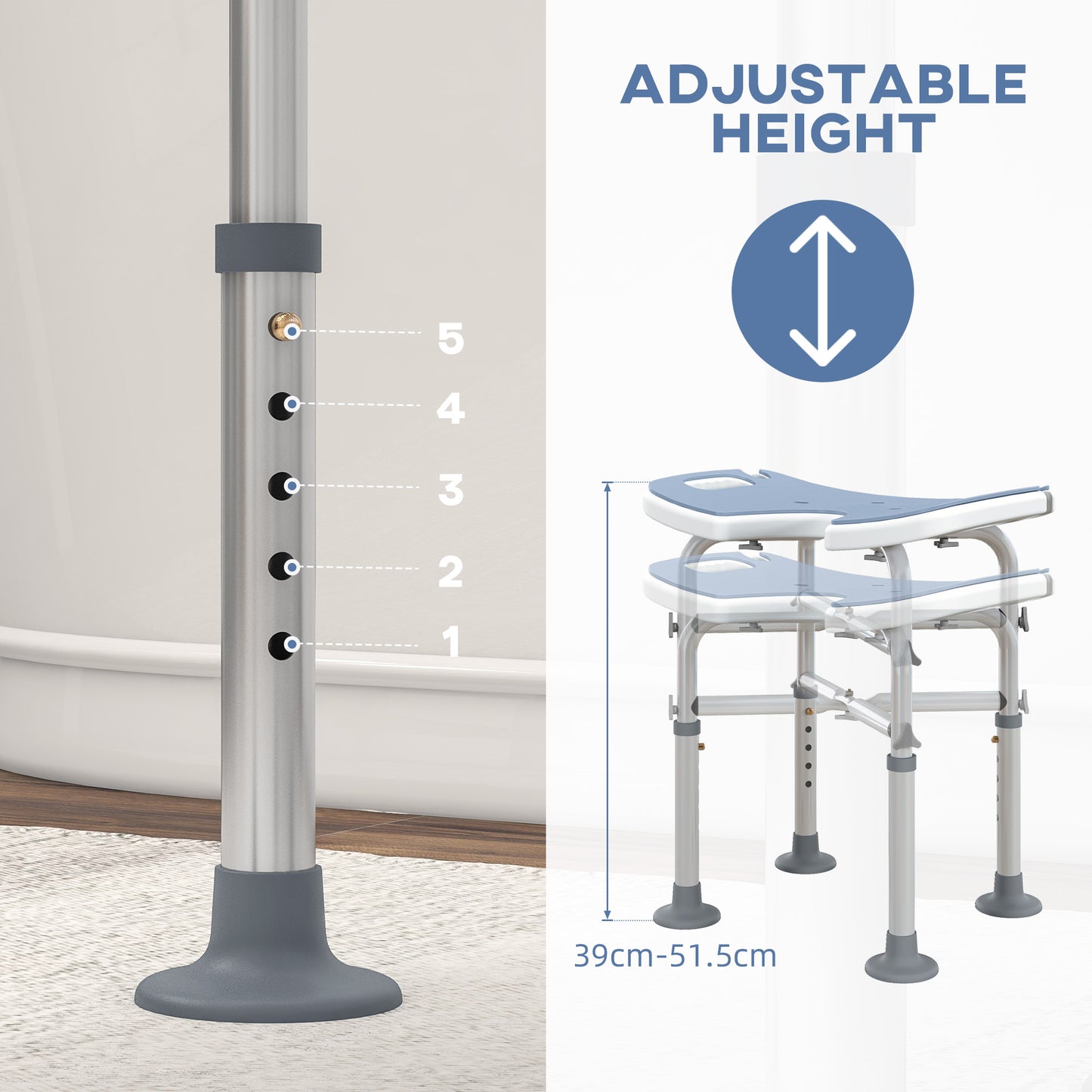 HOMCOM 39-51.5cm 'U' Seat Padded Shower Stool in Light Blue-3
