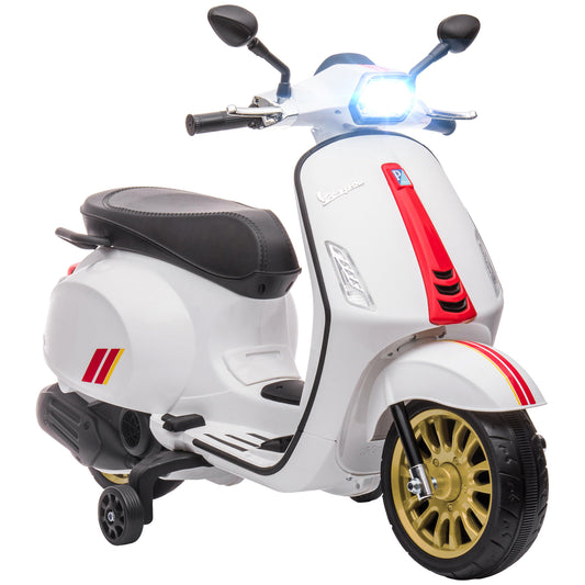 AIYAPLAY 12V Vespa Licensed Kids Electric Scooter Motorbike with Music, Headlights, FM Radio, for 3-6 Years in White-0