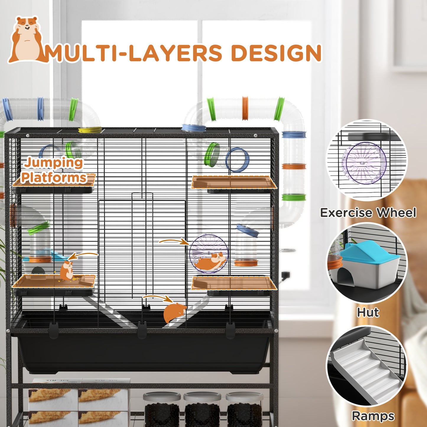 Large Hamster Cage Gerbil Cage with Tubes, Storage Shelf, Ramps, Platforms, Running Wheel - Black by PawHut-3