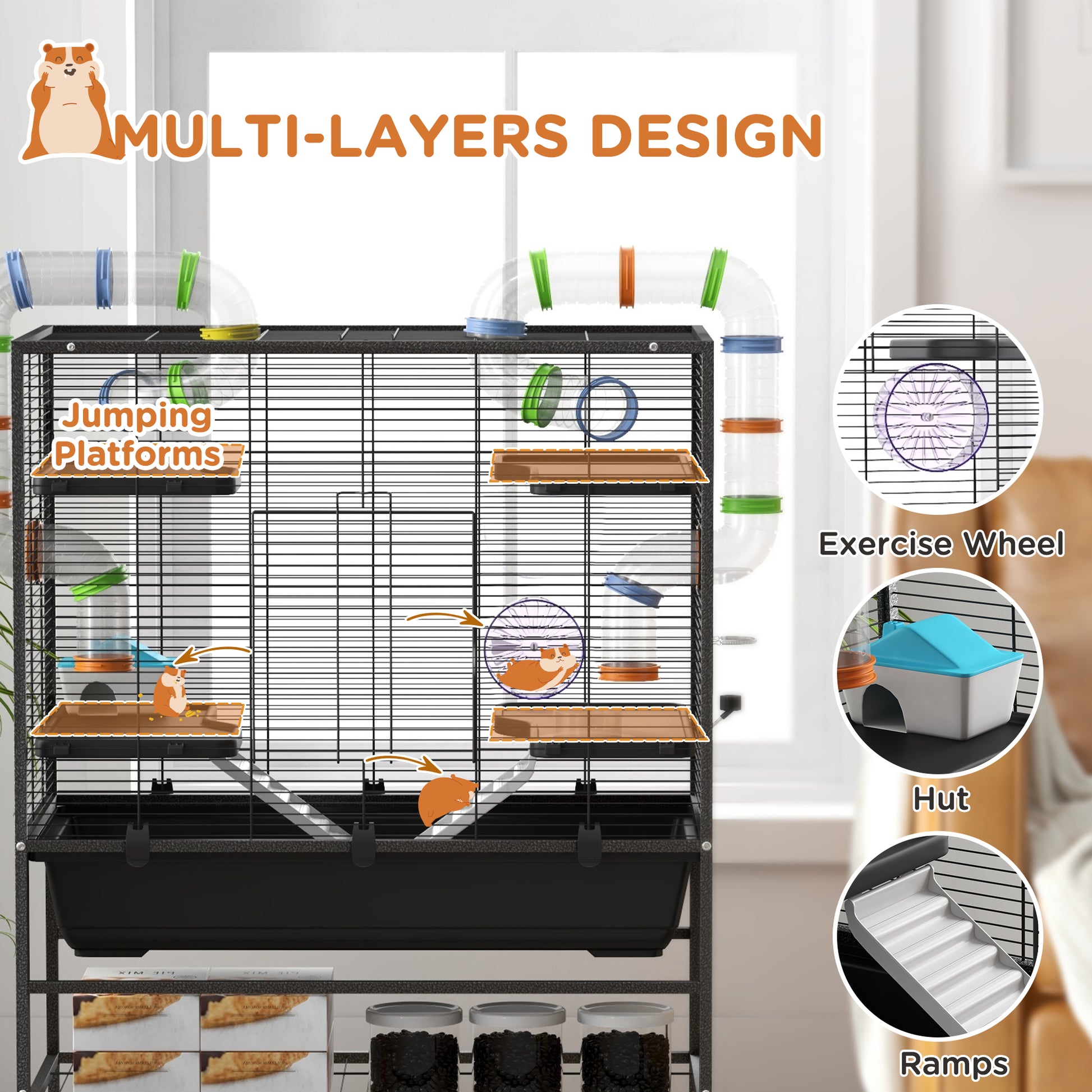 Large Hamster Cage Gerbil Cage with Tubes, Storage Shelf, Ramps, Platforms, Running Wheel - Black by PawHut-3