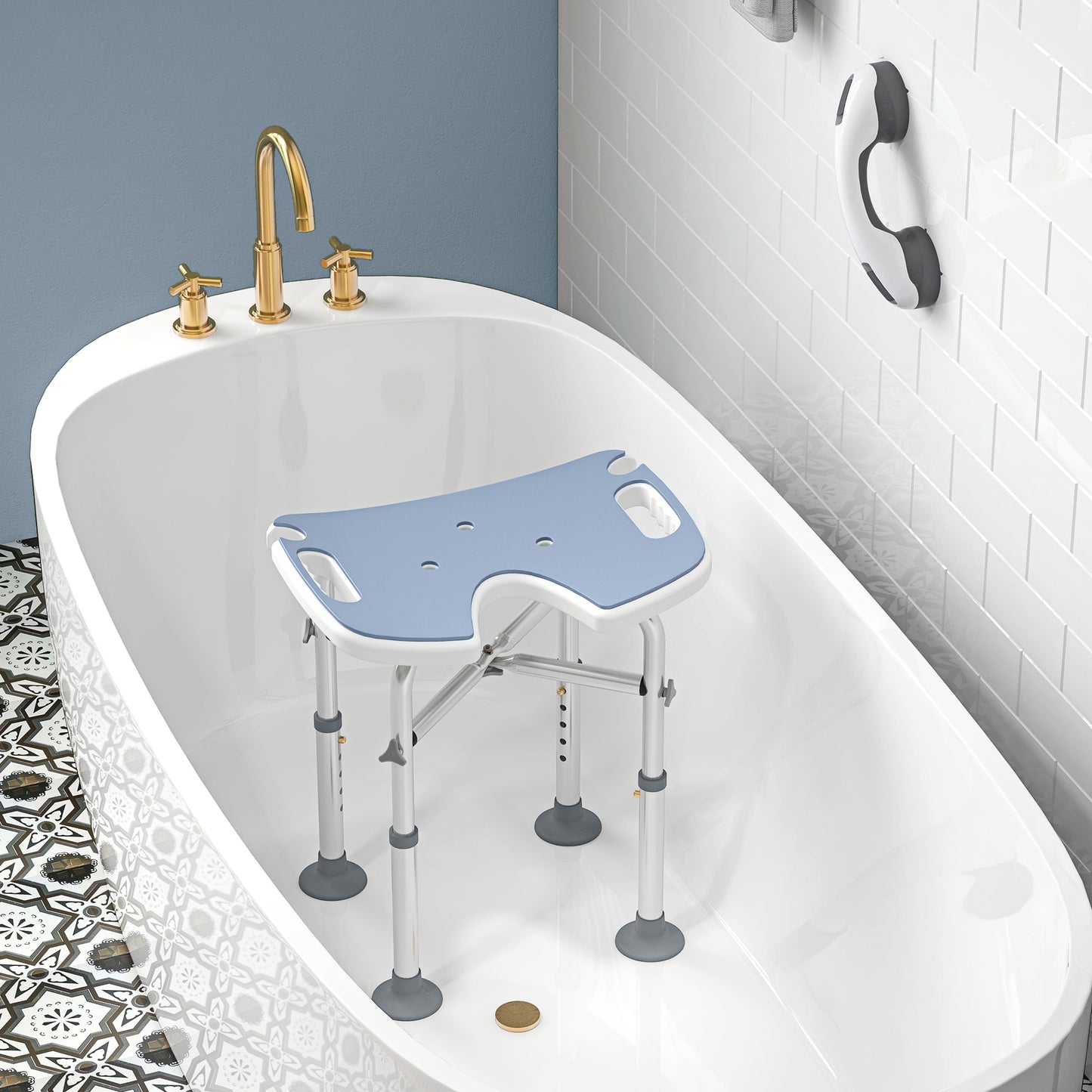 HOMCOM 39-51.5cm 'U' Seat Padded Shower Stool in Light Blue-6