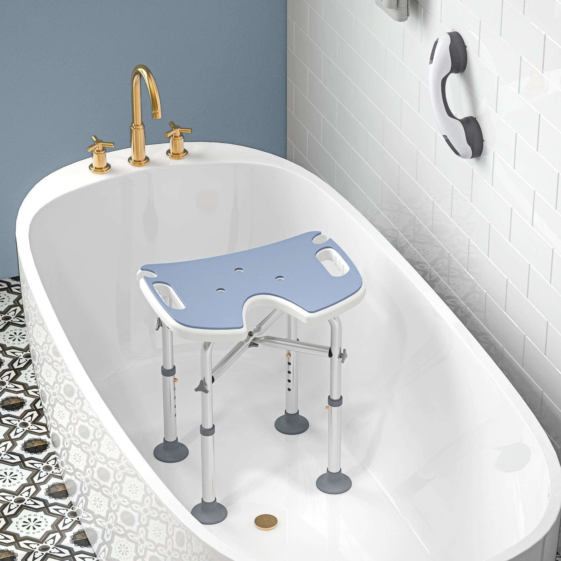 HOMCOM 39-51.5cm 'U' Seat Padded Shower Stool in Light Blue-6