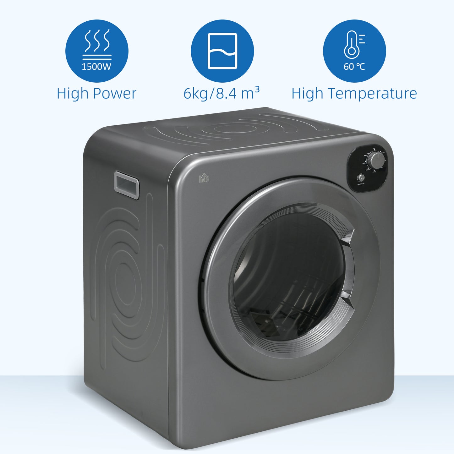 HOMCOM 6kg Vented Tumble Dryer, Freestanding, Wall Mounted, Stackable, Portable Dryer with 7 Programmers, Grey-6