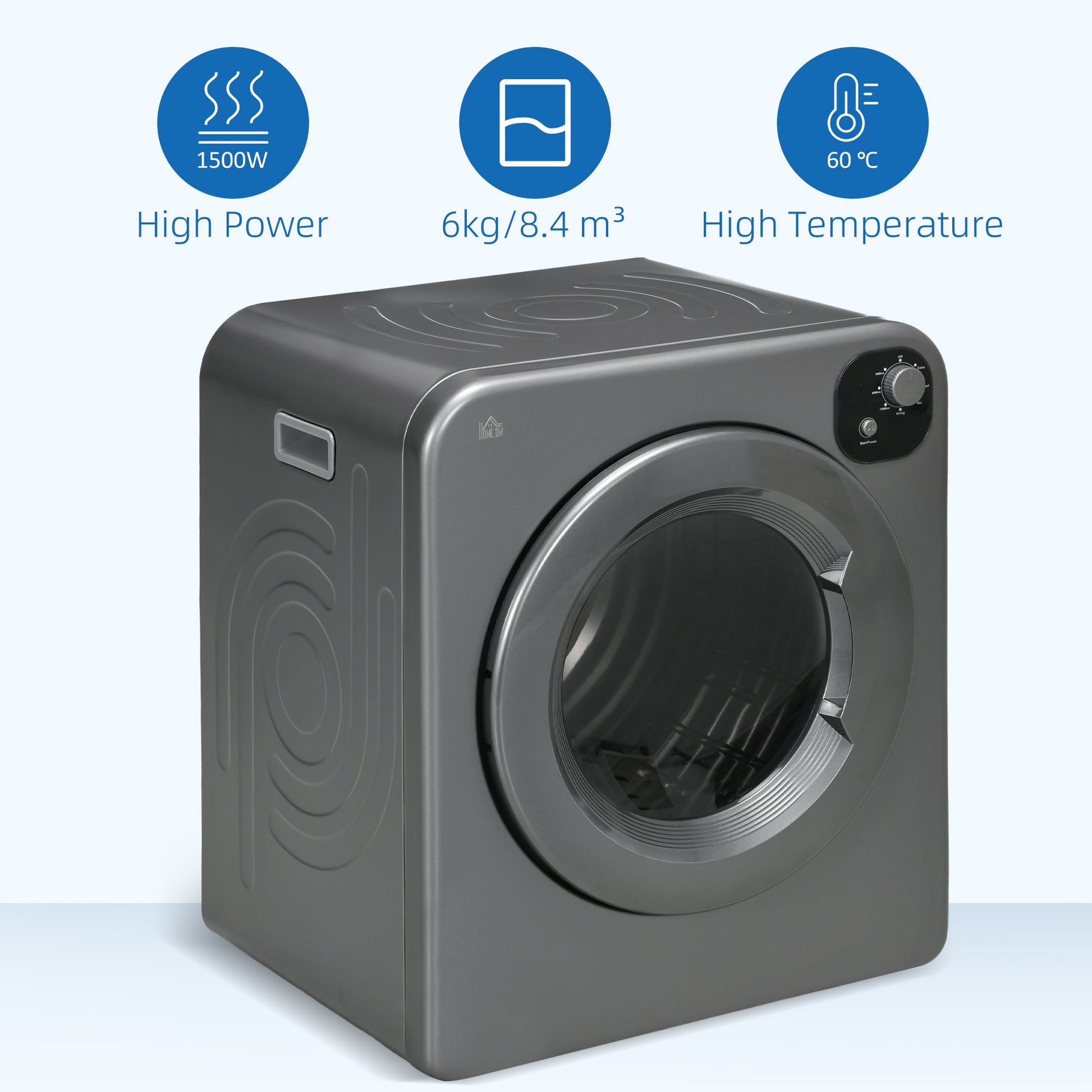 HOMCOM 6kg Vented Tumble Dryer, Freestanding, Wall Mounted, Stackable, Portable Dryer with 7 Programmers, Grey-6