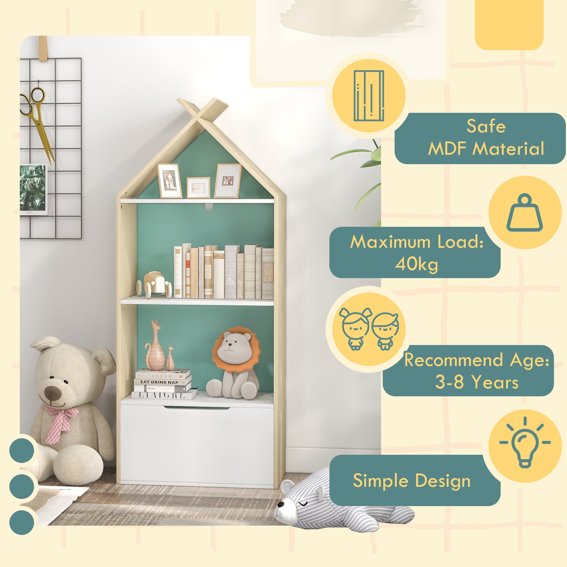 Kids Bookshelf with 3 Shelves, Drawer, Anti-tip Device, Anti-Slip Foot Cover, for Kids Room, Green | AIYAPLAY-3
