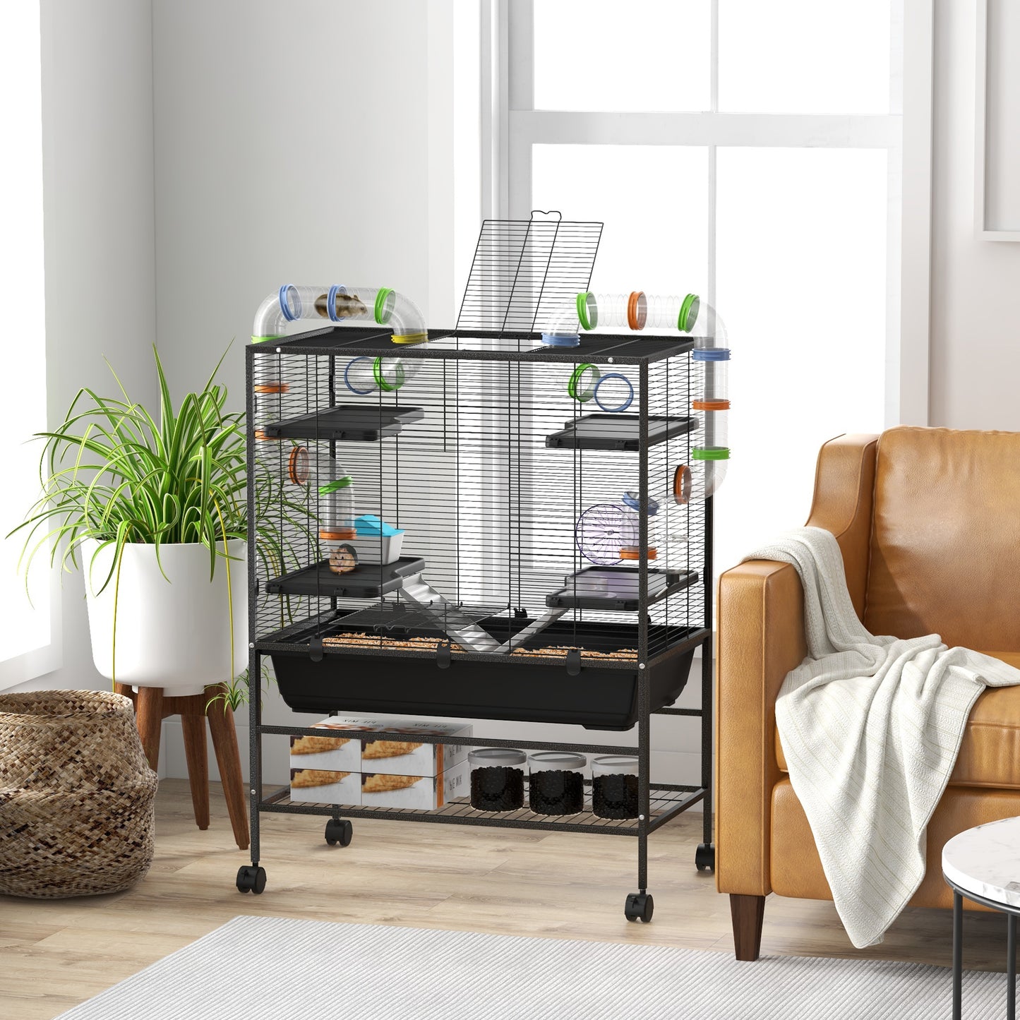 Large Hamster Cage Gerbil Cage with Tubes, Storage Shelf, Ramps, Platforms, Running Wheel - Black by PawHut-8