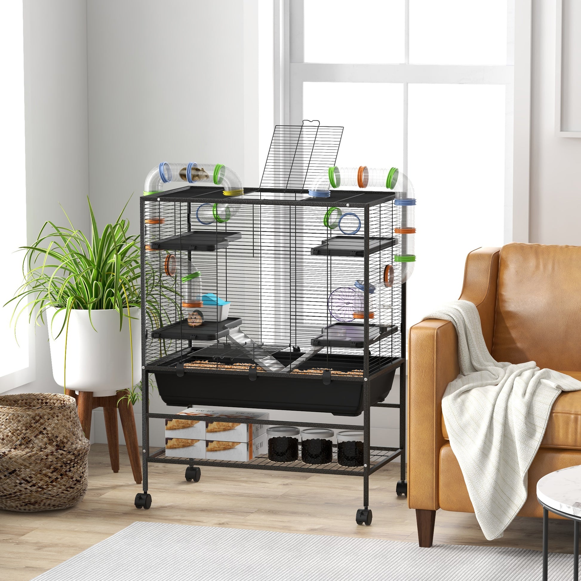 Large Hamster Cage Gerbil Cage with Tubes, Storage Shelf, Ramps, Platforms, Running Wheel - Black by PawHut-8