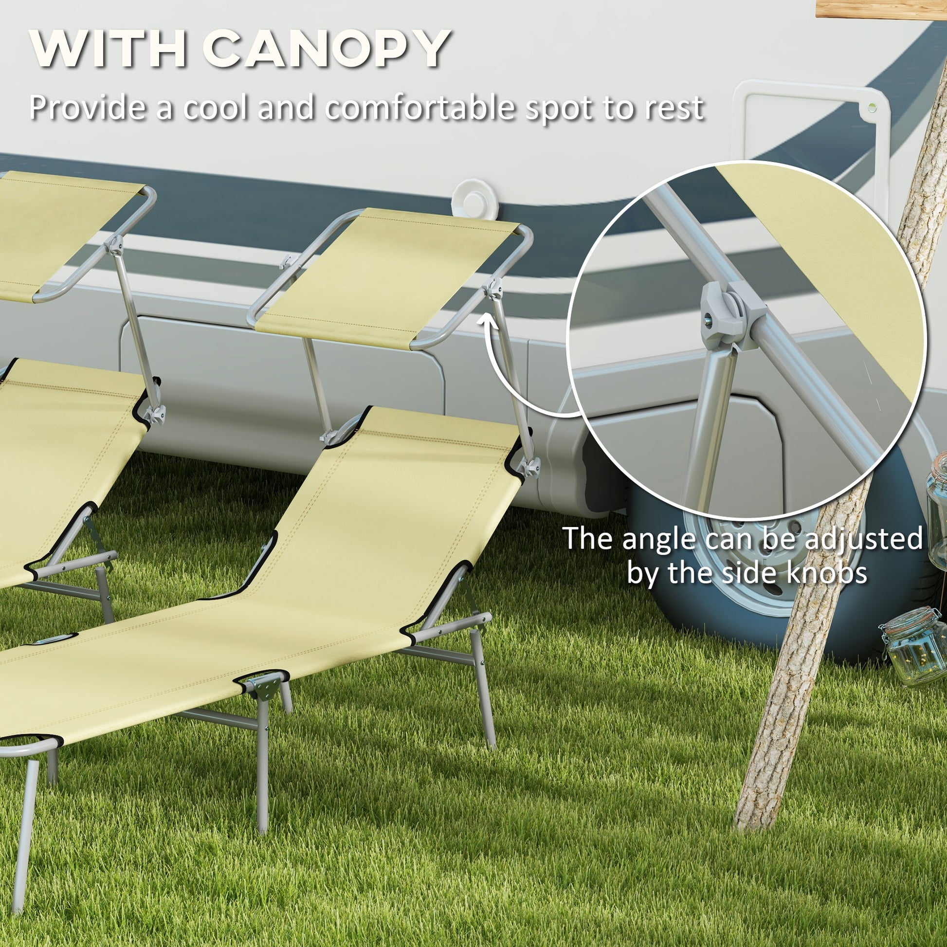 Outsunny Outdoor Foldable Sun Lounger Set of 2, 4 Level Adjustable Backrest, Reclining Chair with Angle Adjust Sun Shade Awning, Beige-4