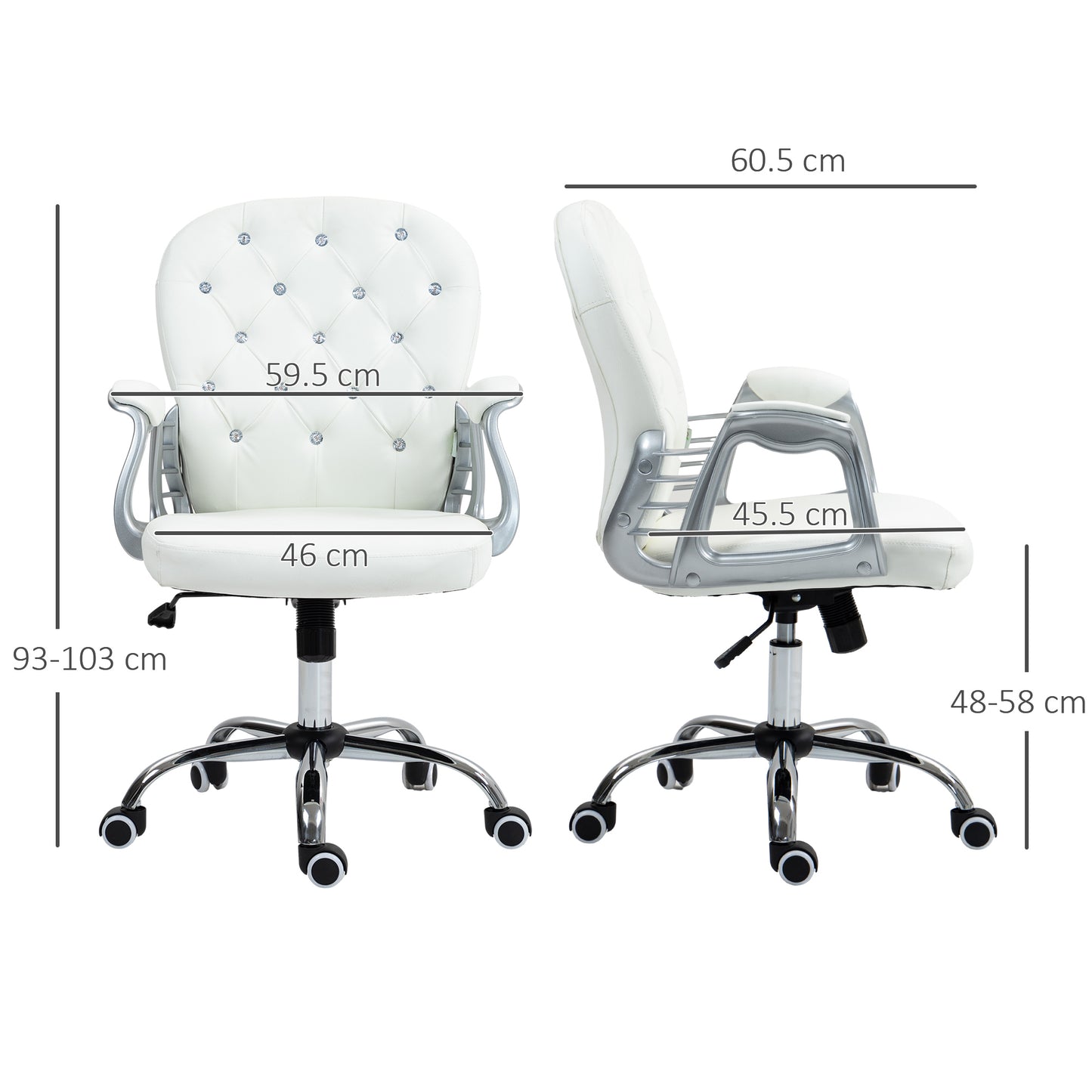 Home or Office Chair with 360° Swivel, PU Diamante Padded, Base 5 Castor Wheels, Ergonomic Desk Chair in White by Vinsetto-1