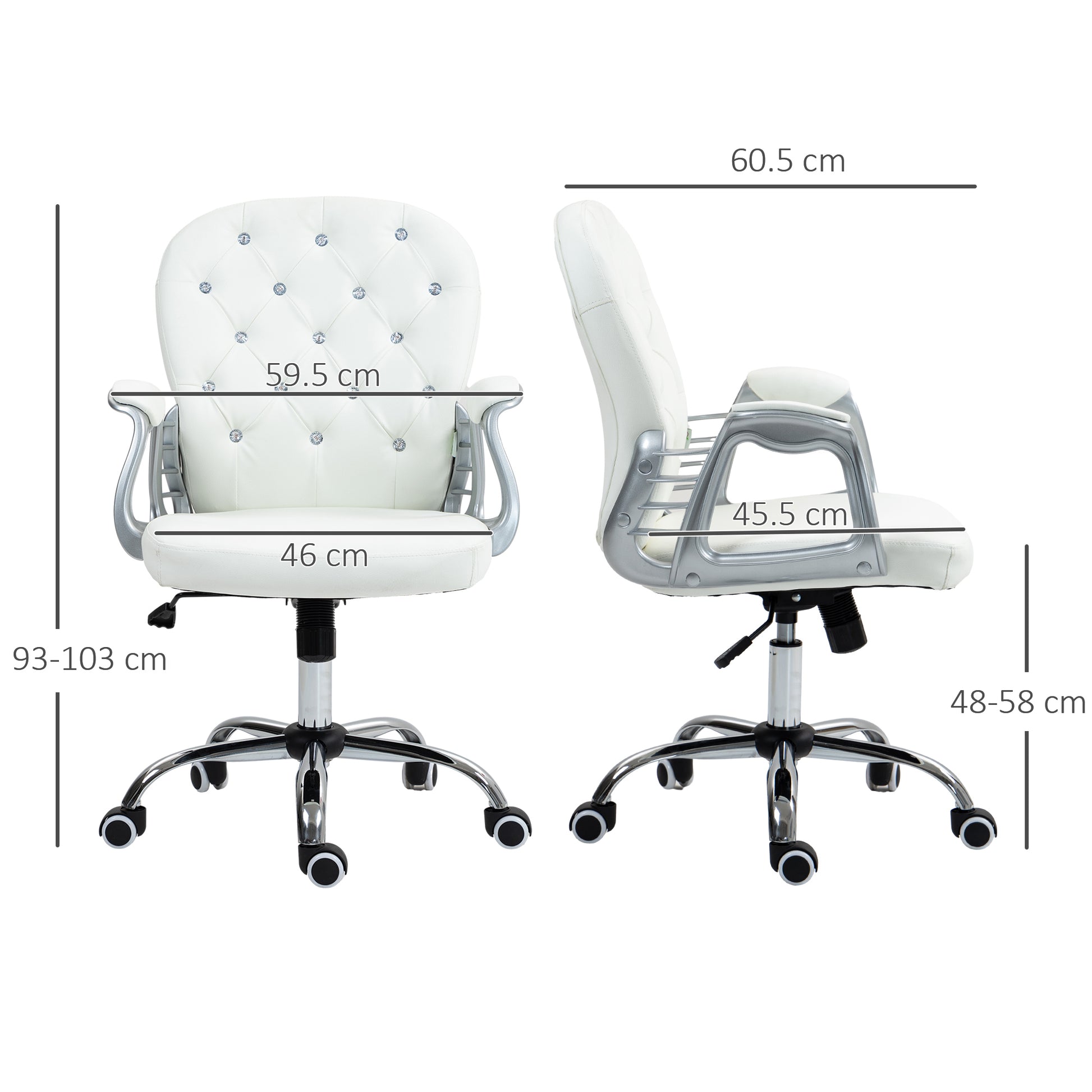 Home or Office Chair with 360° Swivel, PU Diamante Padded, Base 5 Castor Wheels, Ergonomic Desk Chair in White by Vinsetto-1