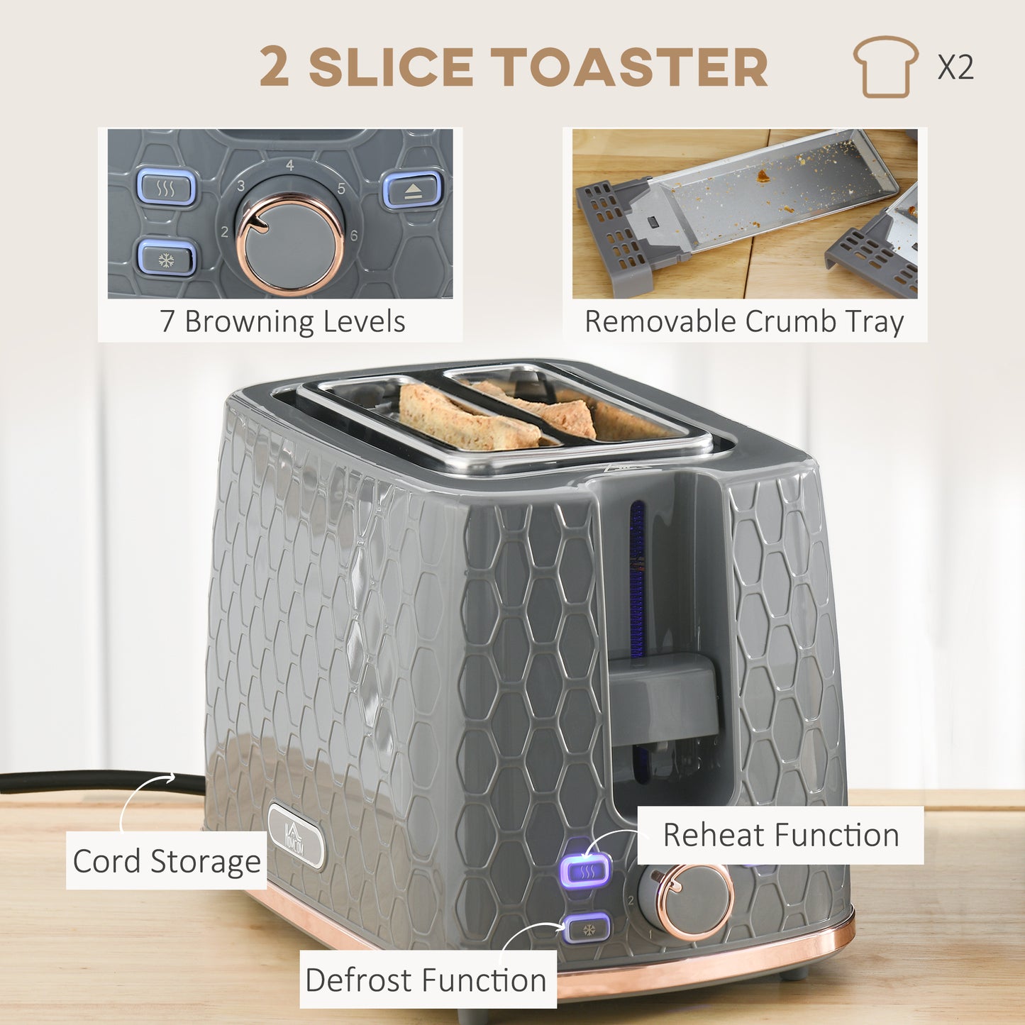 HOMCOM 1.7L 3000W Fast Boil Kettle & 2 Slice Toaster Set, Kettle and Toaster Set with Auto Shut Off, Browning Controls, Grey-3