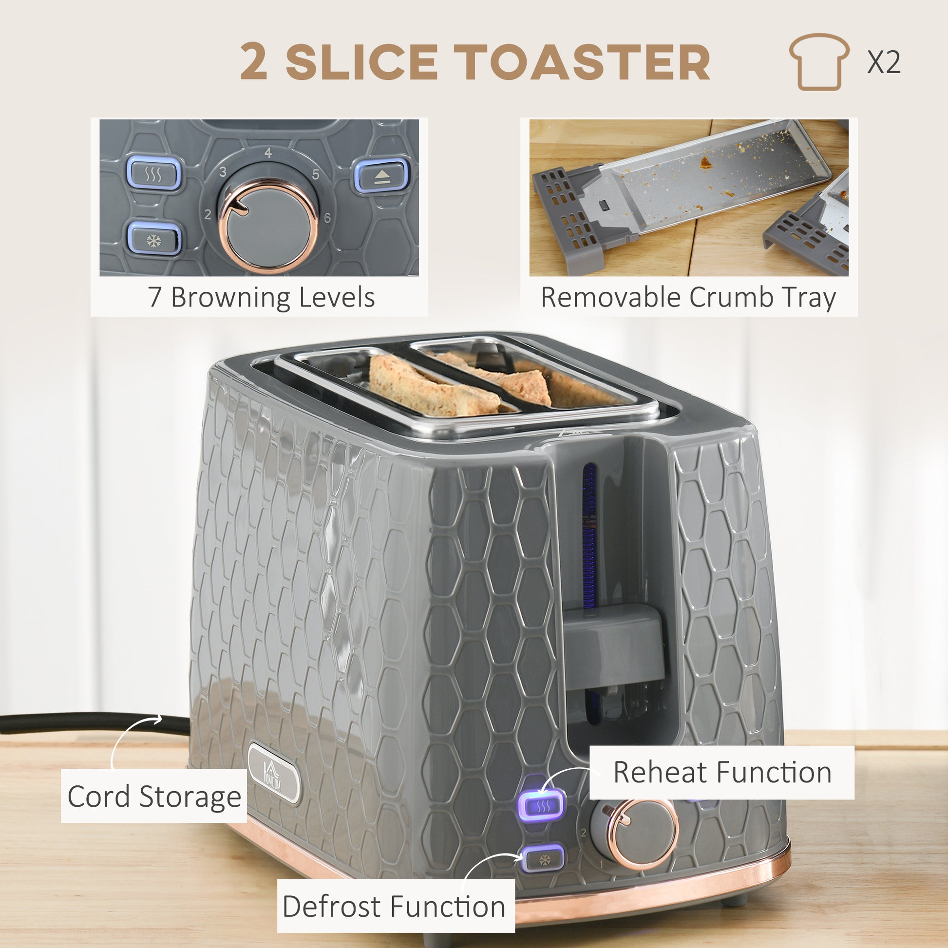 HOMCOM 1.7L 3000W Fast Boil Kettle & 2 Slice Toaster Set, Kettle and Toaster Set with Auto Shut Off, Browning Controls, Grey-3