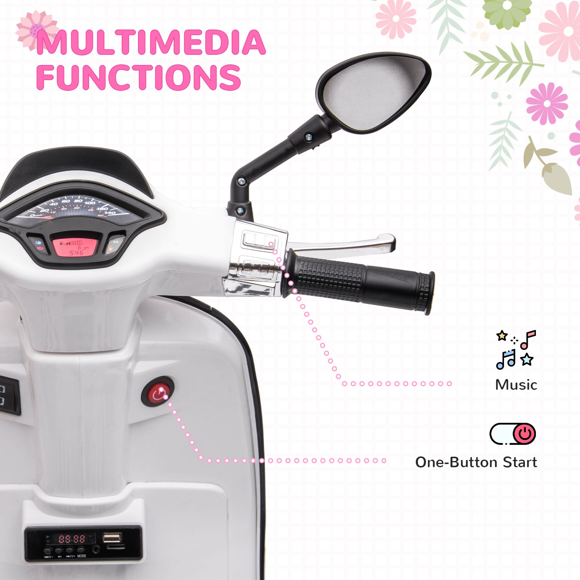 AIYAPLAY 12V Vespa Licensed Kids Electric Scooter Motorbike with Music, Headlights, FM Radio, for 3-6 Years in White-3