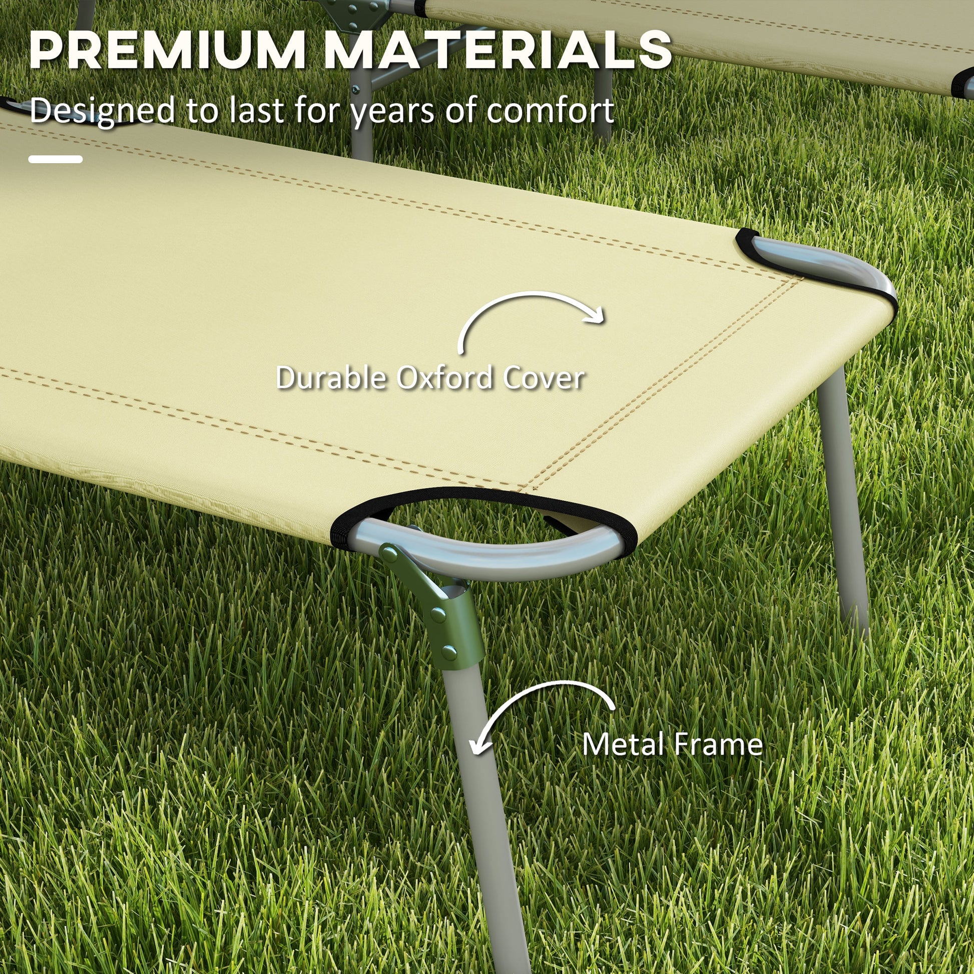 Outsunny Outdoor Foldable Sun Lounger Set of 2, 4 Level Adjustable Backrest, Reclining Chair with Angle Adjust Sun Shade Awning, Beige-5