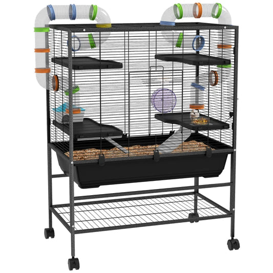 Large Hamster Cage Gerbil Cage with Tubes, Storage Shelf, Ramps, Platforms, Running Wheel - Black by PawHut-0