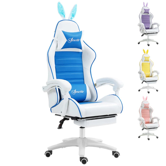 Vinsetto Racing Computer Gaming Chair, Reclining PU Leather Chair with Removable Rabbit Ears, Footrest and Lumber Support in Blue-0