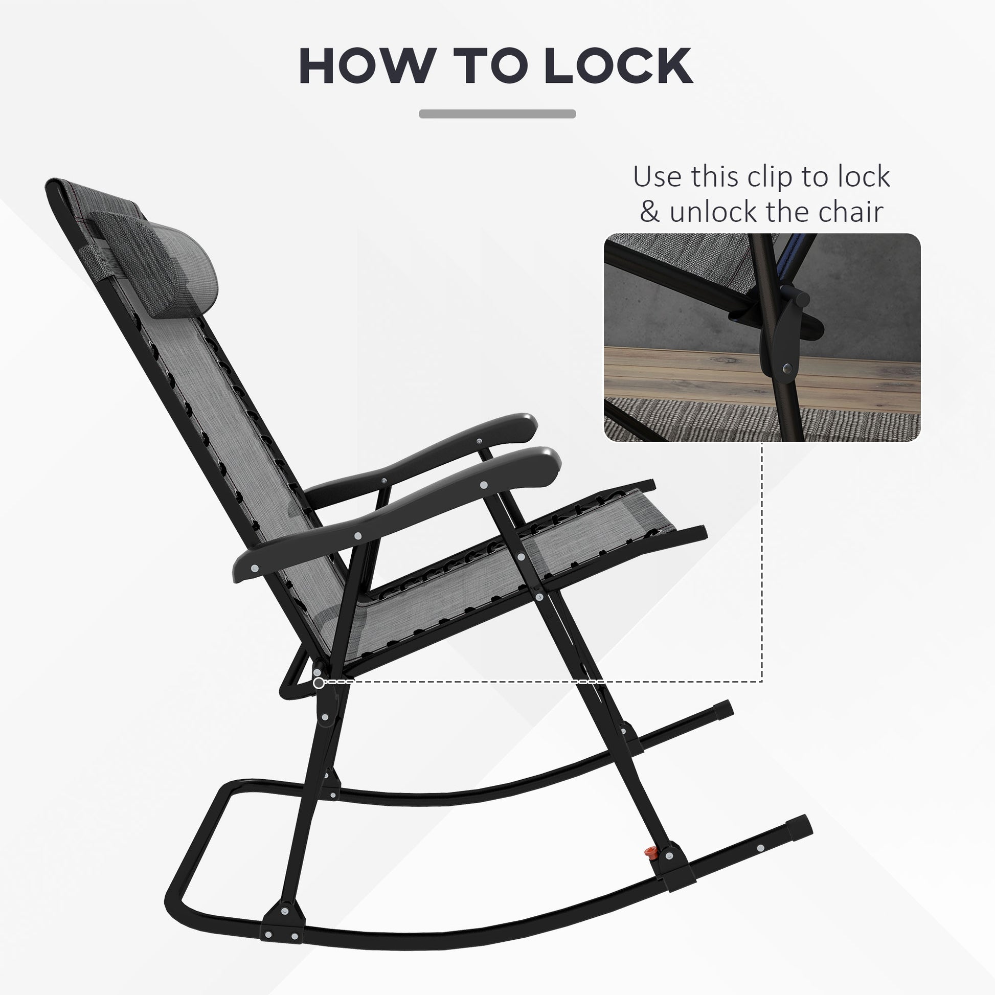 Folding Rocking Chair Outdoor Portable Zero Gravity Chair with Headrest in Grey | Outsunny-3
