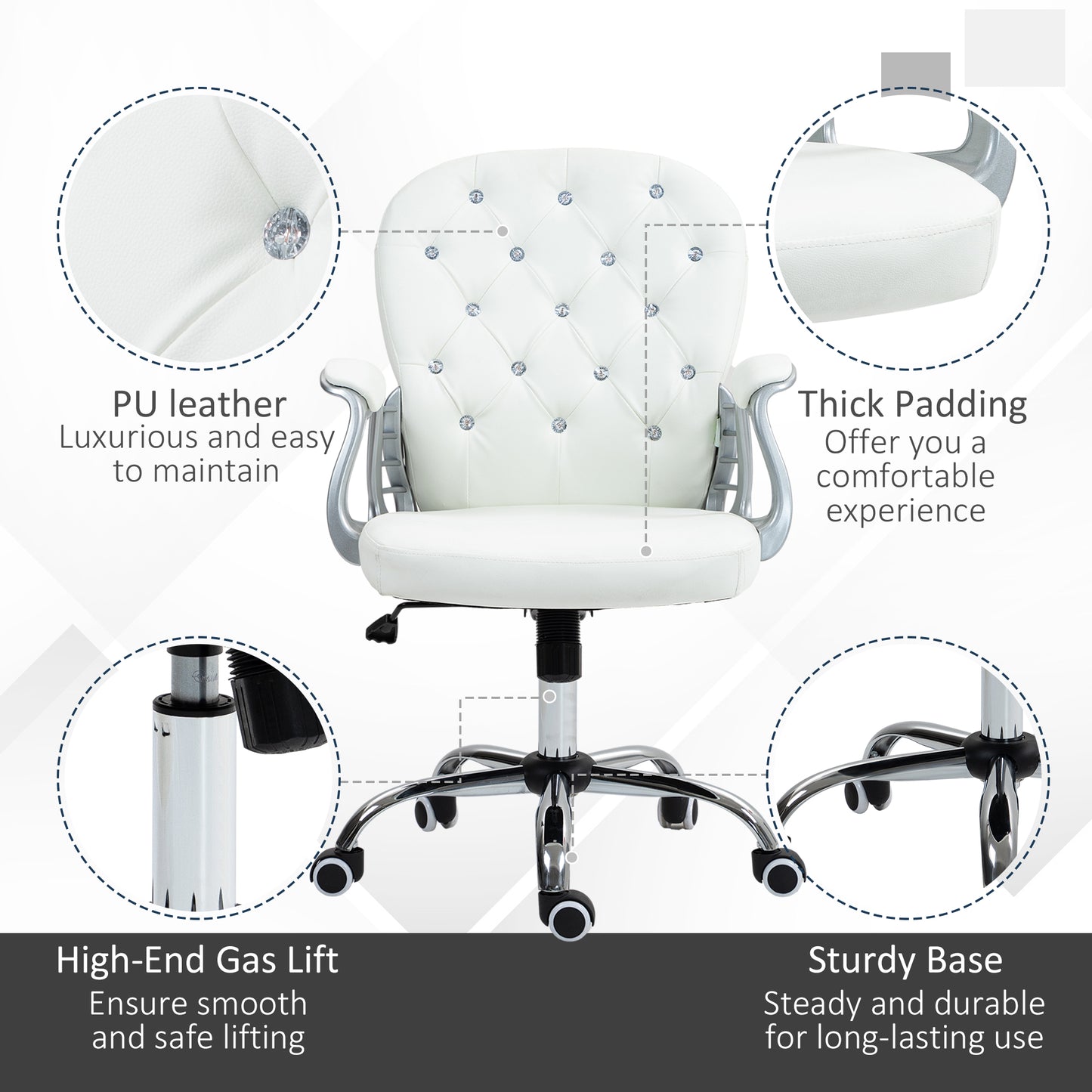 Home or Office Chair with 360° Swivel, PU Diamante Padded, Base 5 Castor Wheels, Ergonomic Desk Chair in White by Vinsetto-3