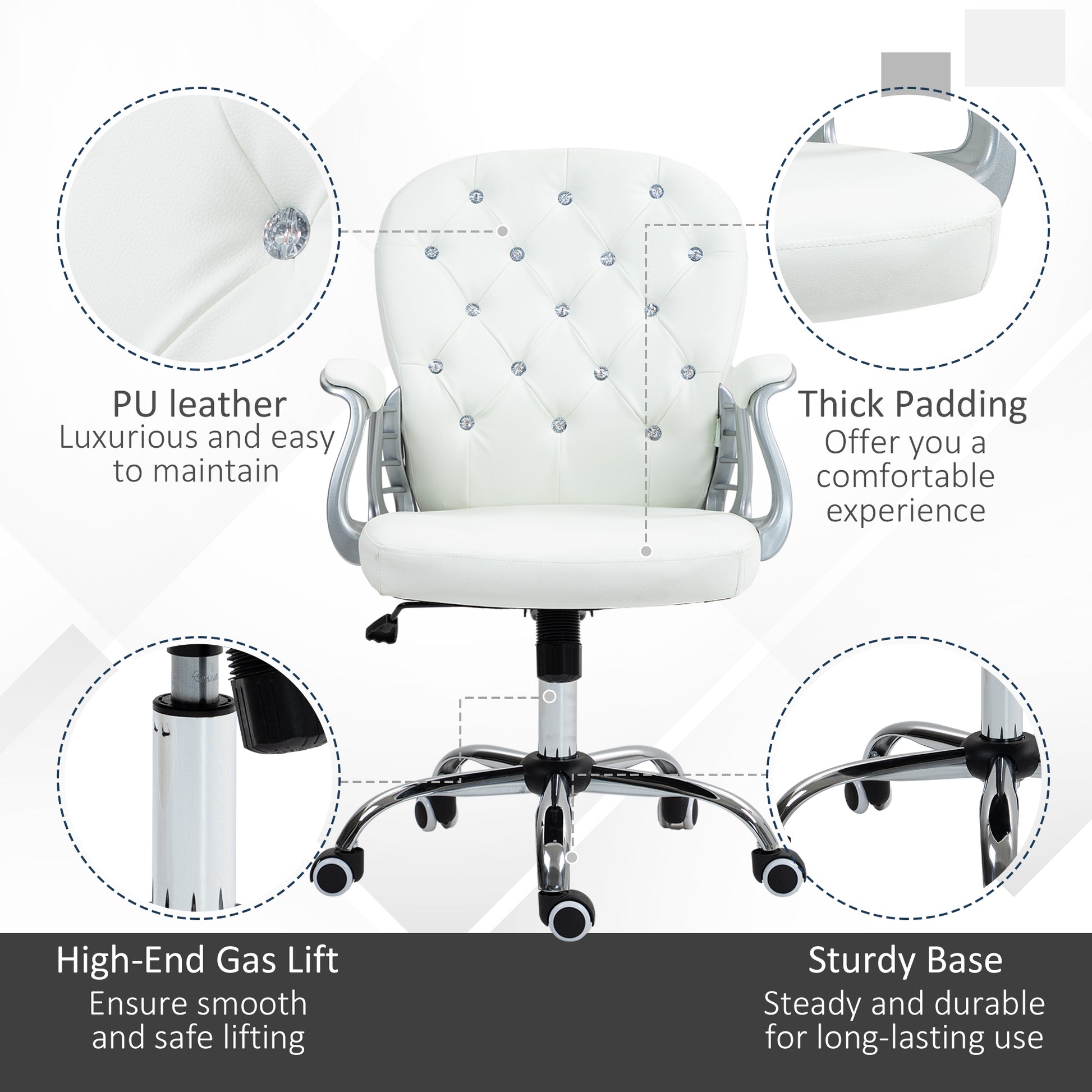 Home or Office Chair with 360° Swivel, PU Diamante Padded, Base 5 Castor Wheels, Ergonomic Desk Chair in White by Vinsetto-3
